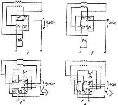 Маркировка зажимов фаз обмотки статора однофазного асинхронного двигателя с короткозамкнутым ротором и их соединение для вращения ротороа: а, в - правого, б, г - левого