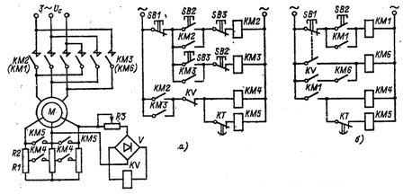 Узлы схем управления торможением противовключением асинхронных двигателей с фазным ротором с контролем скорости при реверсе и остановке