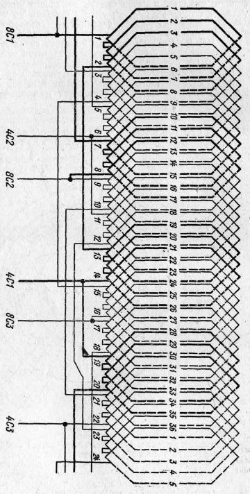 схема двухскоростной двухслойной обмотки при 2р=8/4, z=36, а=1