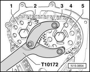 Удерживать с помощью упора T10172 звёздочки распредвалов