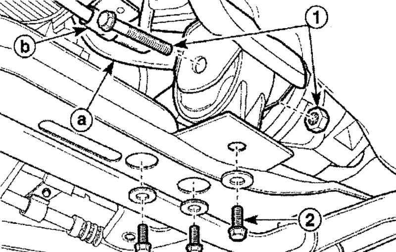 Расположение болтов и гаек крепления втулки передней подушки со стороны кронштейна (1) и со стороны поперечины (2)