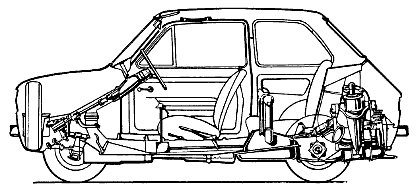 Рис 4. Заднемоторная компоновка — «Польский ФИАТ-126П» (ПНР). Коробка передач, главная передача, сцепление, двигатель образуют агрегат, основная масс