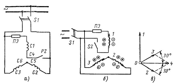 схему включения трехфазного двигателя в однофазную сеть