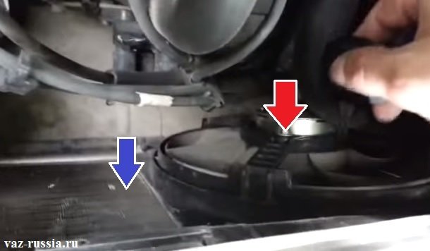Стрелками показано местонахождение вентилятора и радиатора на автомобиле