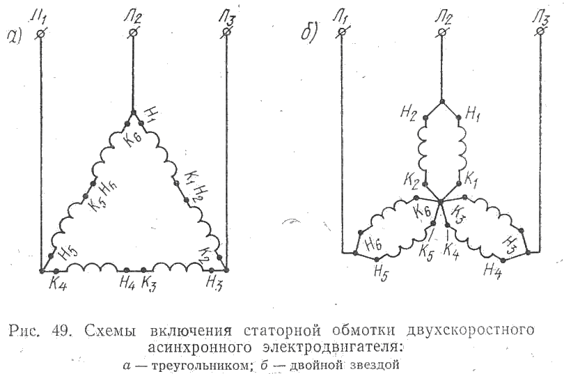 Схемы включния статорной обмотки двухскоростного асинхронного электродвигателя