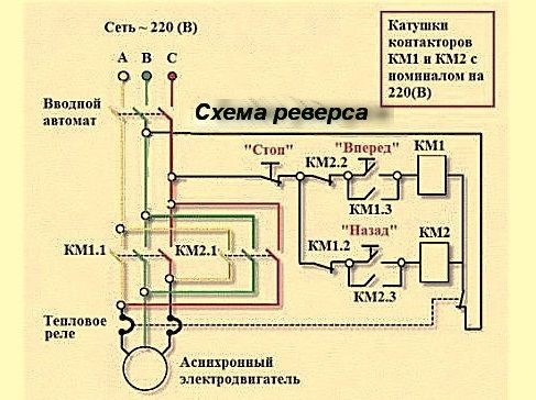 Схема подключения реверса трехфазного двигателя