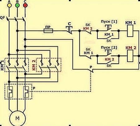 Схема подключения реверса трехфазного двигателя