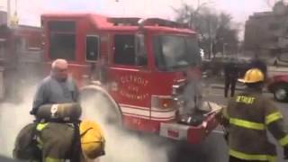 Detroit fire engine catches fire