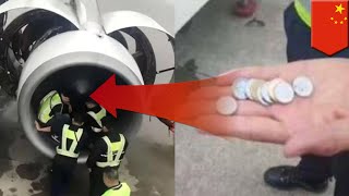Woman throws coins in plane engine: Chinese woman tosses coins in engine for good luck - TomoNews