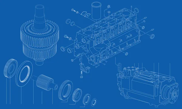 Сложные инженерные рисунок автомобиля двигатель секций, векторные иллюстрации Лицензионные Стоковые Иллюстрации